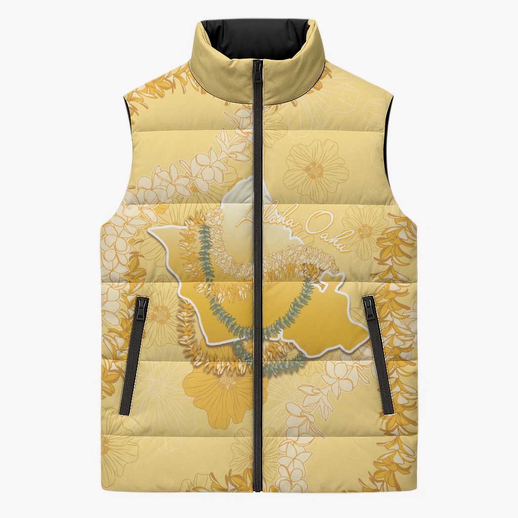 Hawaii Oahu Island Flowers Lei Sleeveless Puffer Jacket Yellow Ilima Mix Plumeria