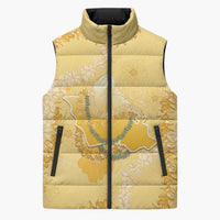 Hawaii Oahu Island Flowers Lei Sleeveless Puffer Jacket Yellow Ilima Mix Plumeria