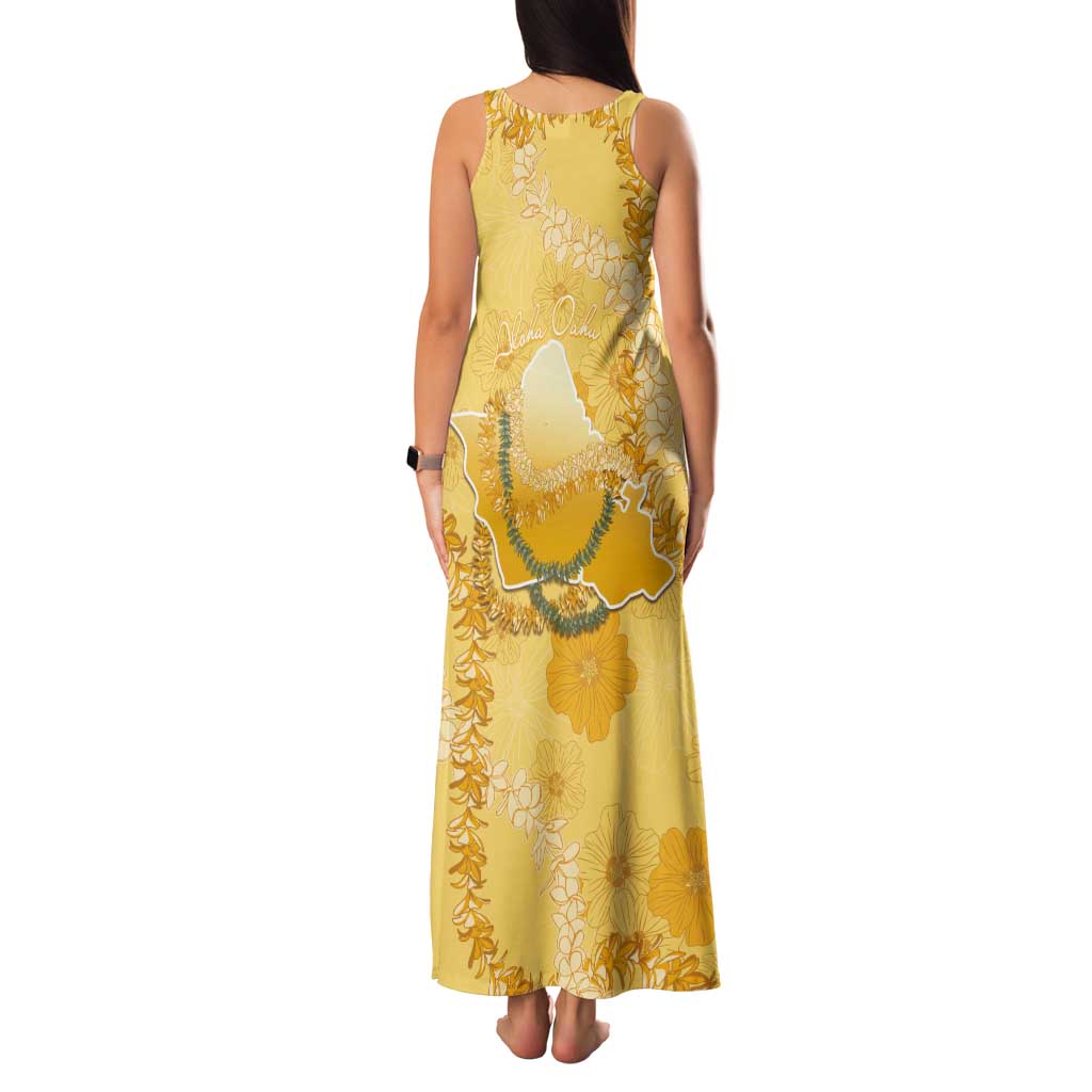 Hawaii Oahu Island Flowers Lei Tank Maxi Dress Yellow Ilima Mix Plumeria