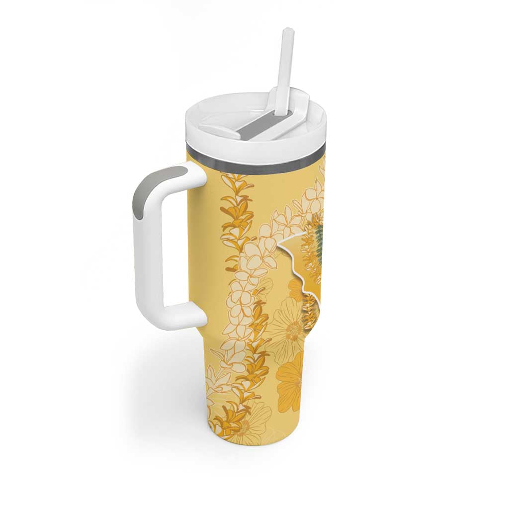 Hawaii Oahu Island Flowers Lei Tumbler With Handle Yellow Ilima Mix Plumeria