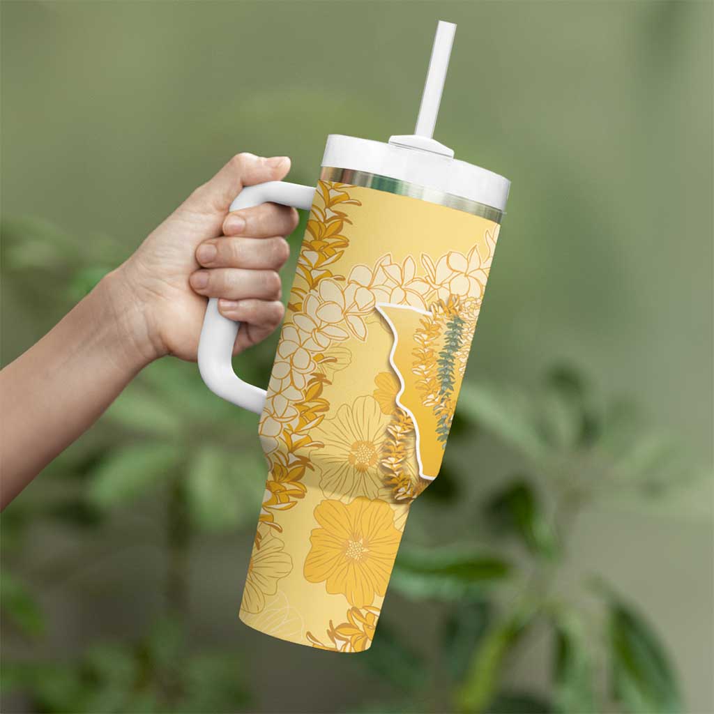 Hawaii Oahu Island Flowers Lei Tumbler With Handle Yellow Ilima Mix Plumeria