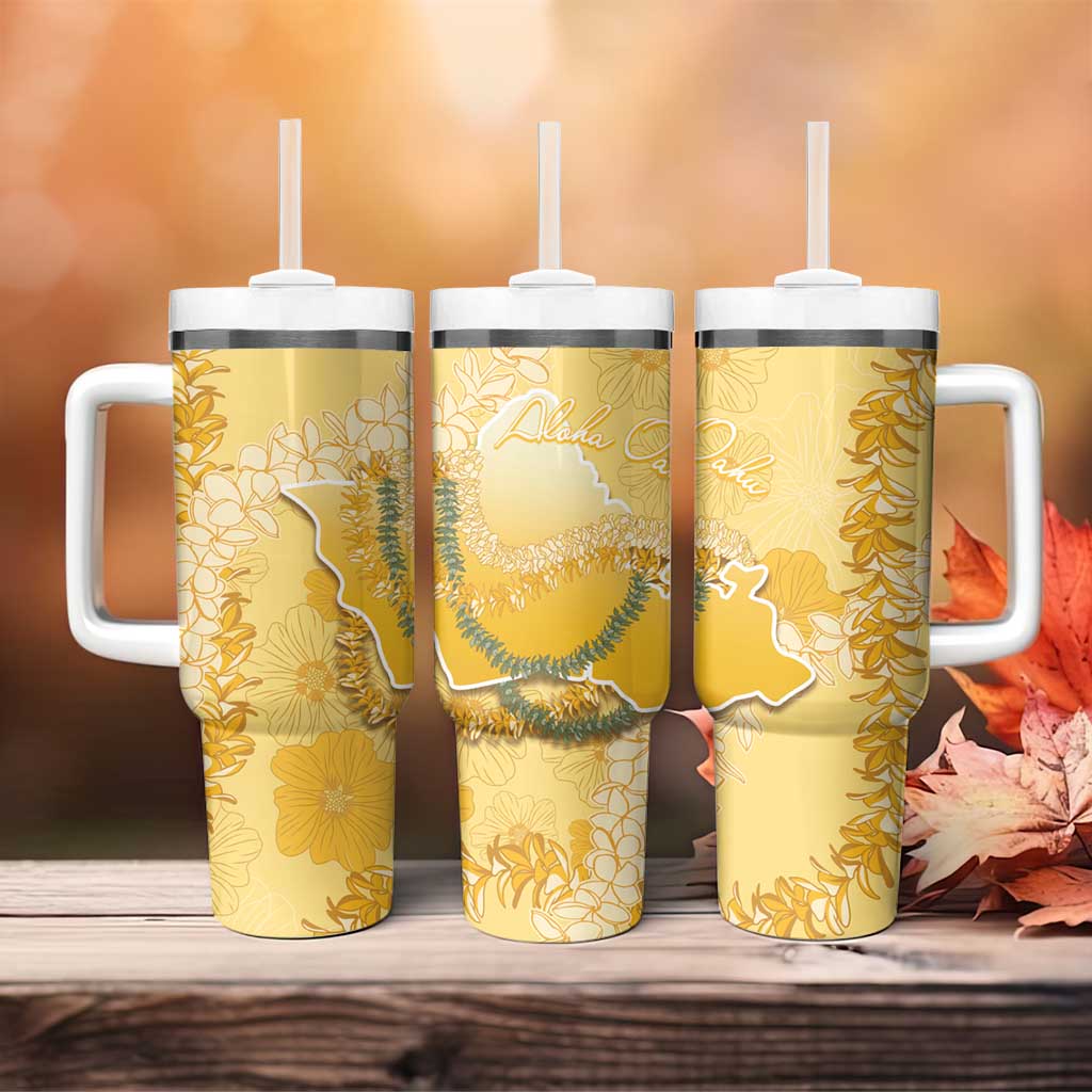 Hawaii Oahu Island Flowers Lei Tumbler With Handle Yellow Ilima Mix Plumeria
