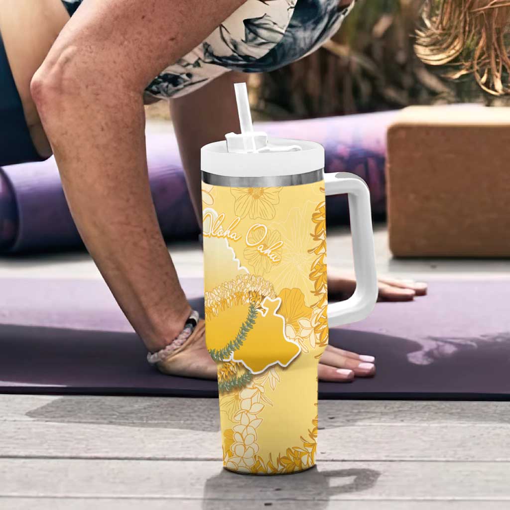 Hawaii Oahu Island Flowers Lei Tumbler With Handle Yellow Ilima Mix Plumeria