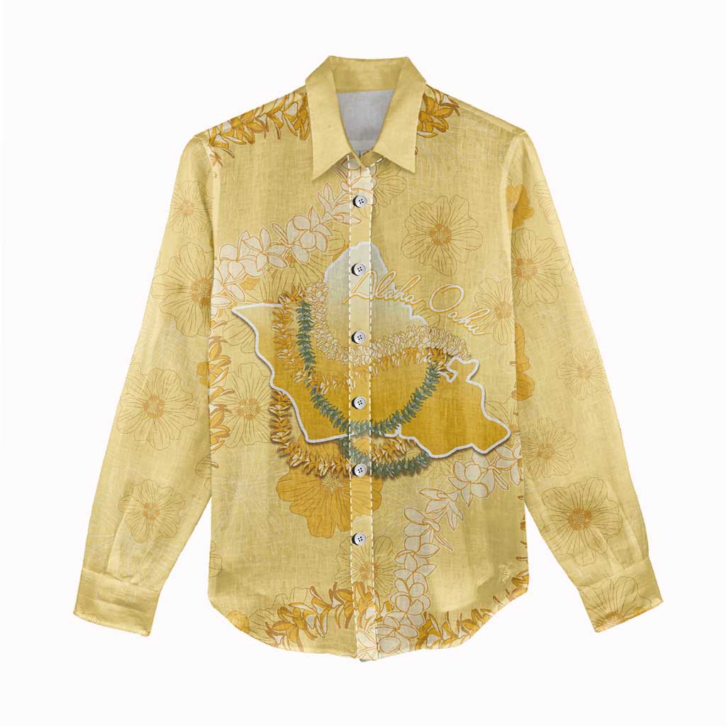 Hawaii Oahu Island Flowers Lei Women Casual Shirt Yellow Ilima Mix Plumeria LT7 - Polynesian Pride