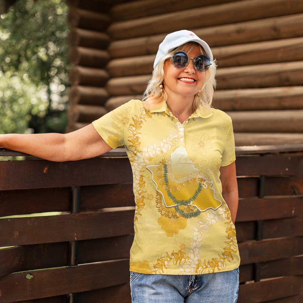 Hawaii Oahu Island Flowers Lei Women Polo Shirt Yellow Ilima Mix Plumeria LT7 - Polynesian Pride
