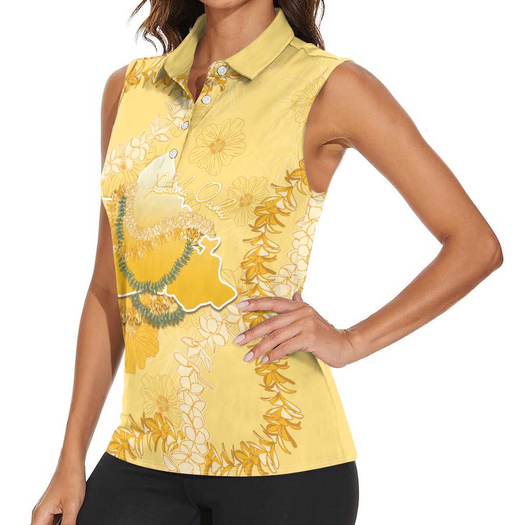 Hawaii Oahu Island Flowers Lei Women Sleeveless Polo Shirt Yellow Ilima Mix Plumeria