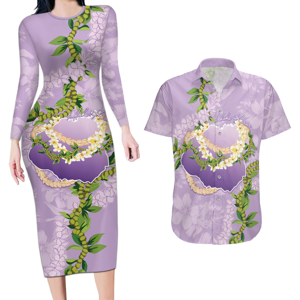 Hawaii Kauai Island Flowers Lei Couples Matching Long Sleeve Bodycon Dress and Hawaiian Shirt Mokihana Lei LT7 Lavender - Polynesian Pride