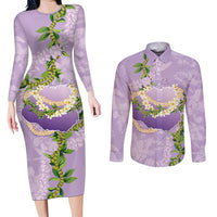 Hawaii Kauai Island Flowers Lei Couples Matching Long Sleeve Bodycon Dress and Long Sleeve Button Shirt Mokihana Lei LT7 Lavender - Polynesian Pride
