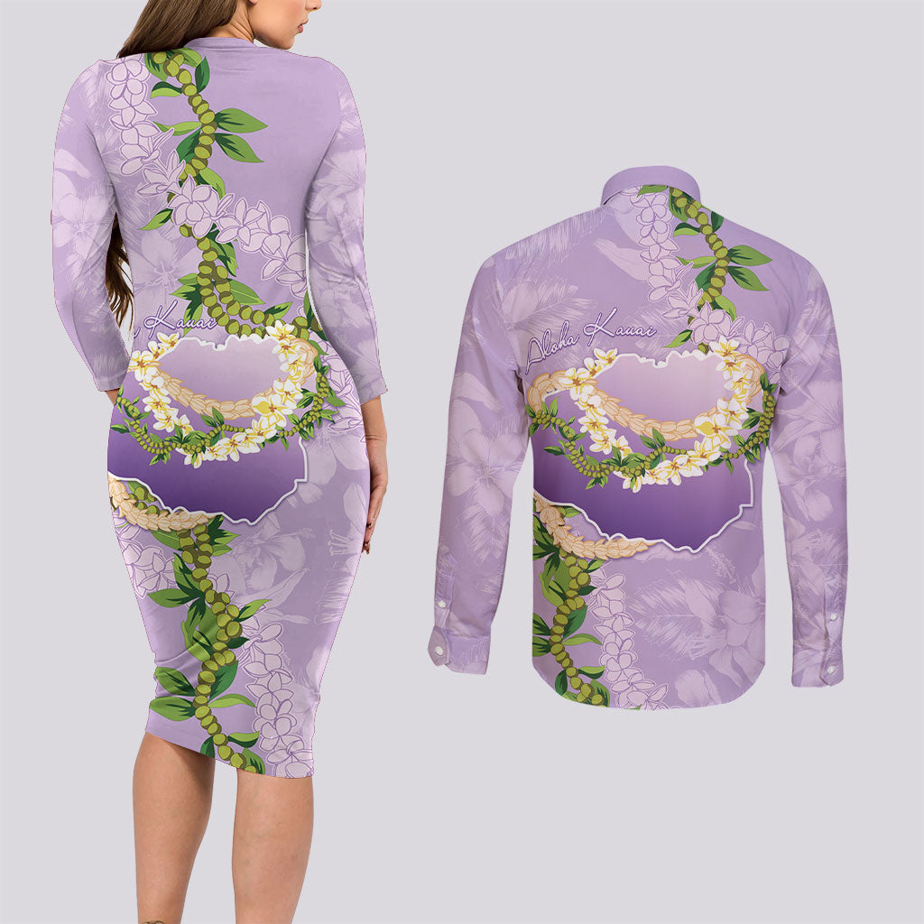 Hawaii Kauai Island Flowers Lei Couples Matching Long Sleeve Bodycon Dress and Long Sleeve Button Shirt Mokihana Lei LT7 - Polynesian Pride