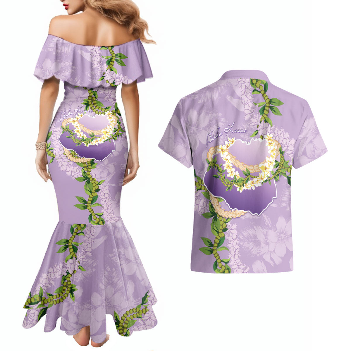 Hawaii Kauai Island Flowers Lei Couples Matching Mermaid Dress and Hawaiian Shirt Mokihana Lei LT7 - Polynesian Pride