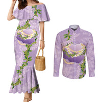 Hawaii Kauai Island Flowers Lei Couples Matching Mermaid Dress and Long Sleeve Button Shirt Mokihana Lei LT7 Lavender - Polynesian Pride