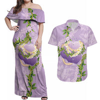Hawaii Kauai Island Flowers Lei Couples Matching Off Shoulder Maxi Dress and Hawaiian Shirt Mokihana Lei LT7 Lavender - Polynesian Pride