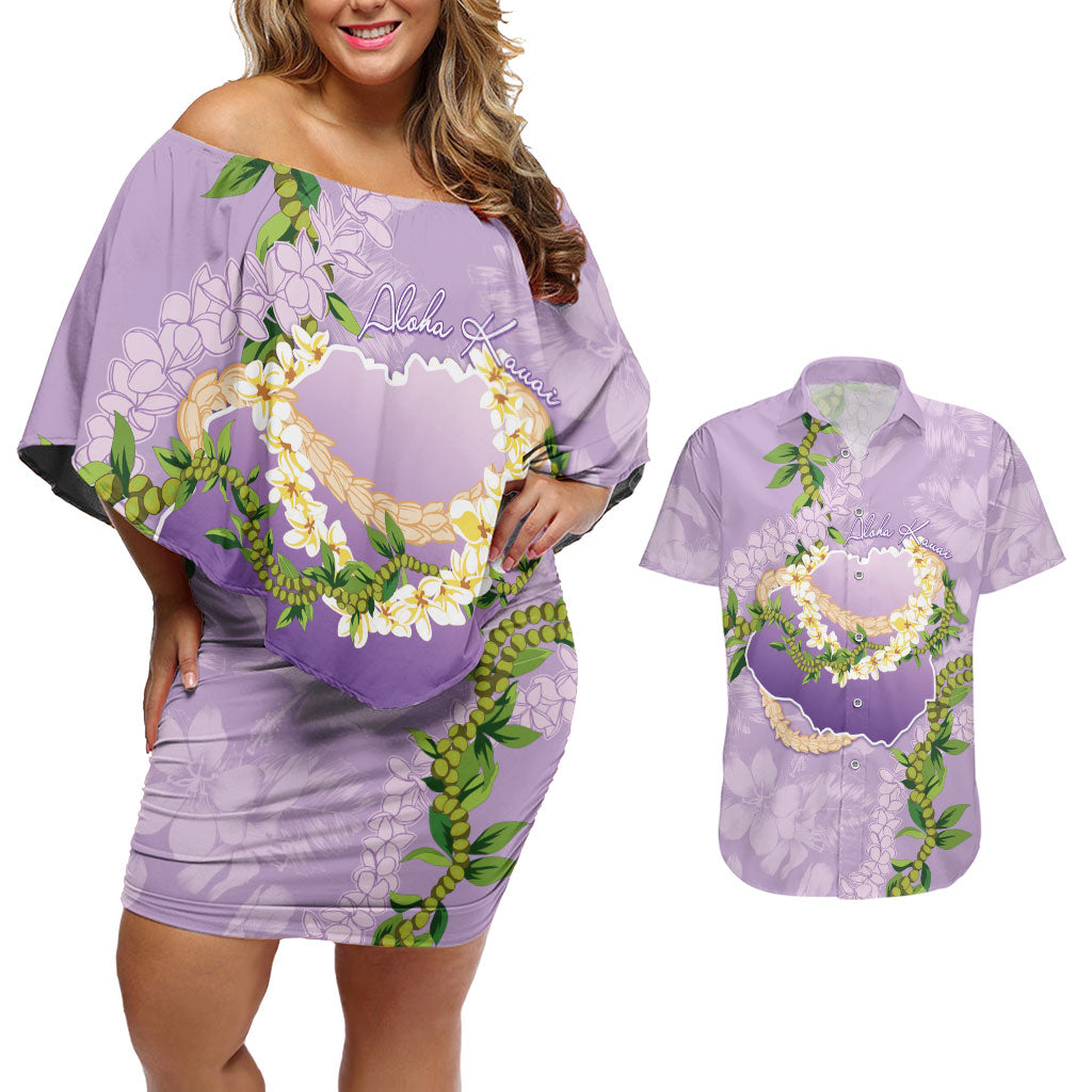 Hawaii Kauai Island Flowers Lei Couples Matching Off Shoulder Short Dress and Hawaiian Shirt Mokihana Lei LT7 Lavender - Polynesian Pride