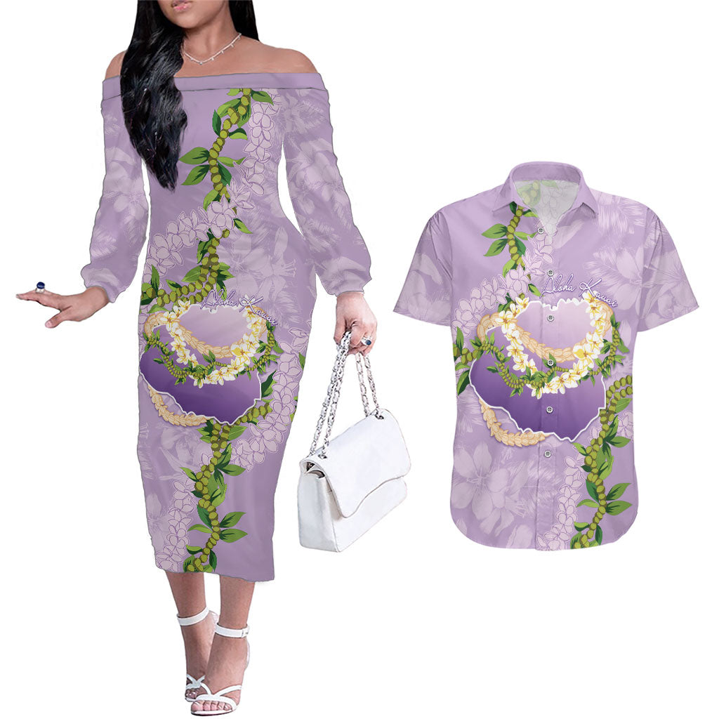 Hawaii Kauai Island Flowers Lei Couples Matching Off The Shoulder Long Sleeve Dress and Hawaiian Shirt Mokihana Lei LT7 Lavender - Polynesian Pride