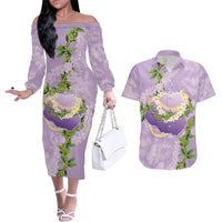 Hawaii Kauai Island Flowers Lei Couples Matching Off The Shoulder Long Sleeve Dress and Hawaiian Shirt Mokihana Lei LT7 Lavender - Polynesian Pride