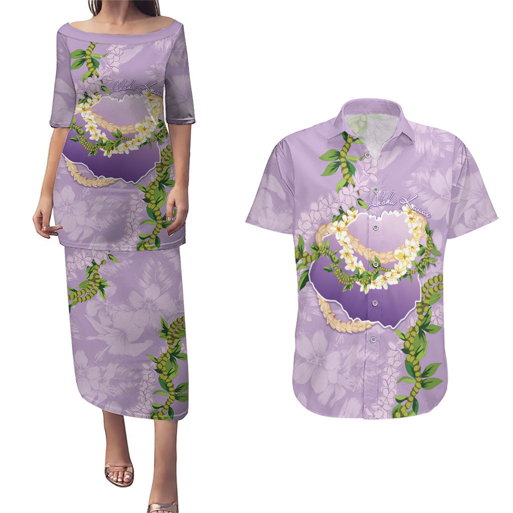 Hawaii Kauai Island Flowers Lei Couples Matching Puletasi and Hawaiian Shirt Mokihana Lei LT7 Lavender - Polynesian Pride