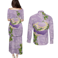 Hawaii Kauai Island Flowers Lei Couples Matching Puletasi and Long Sleeve Button Shirt Mokihana Lei
