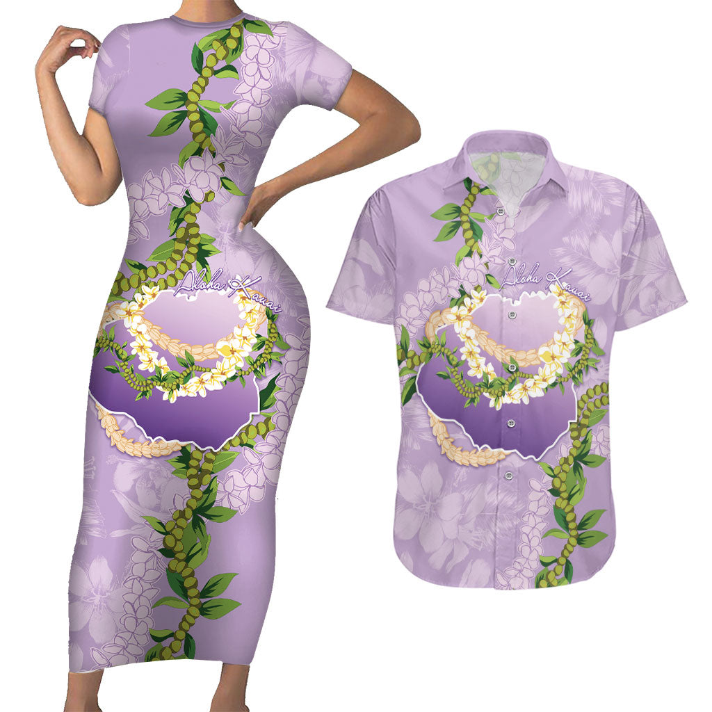 Hawaii Kauai Island Flowers Lei Couples Matching Short Sleeve Bodycon Dress and Hawaiian Shirt Mokihana Lei LT7 Lavender - Polynesian Pride