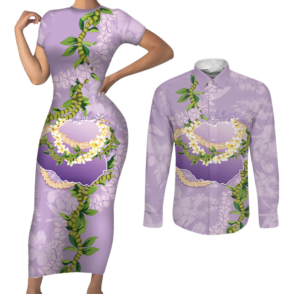 Hawaii Kauai Island Flowers Lei Couples Matching Short Sleeve Bodycon Dress and Long Sleeve Button Shirt Mokihana Lei LT7 Lavender - Polynesian Pride