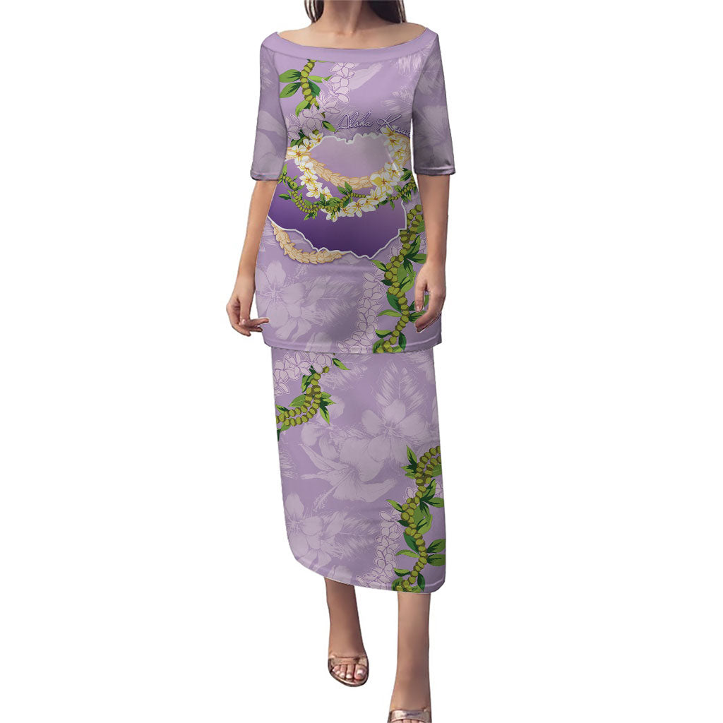 Hawaii Kauai Island Flowers Lei Family Matching Puletasi and Hawaiian Shirt Mokihana Lei LT7 Mom's Dress Lavender - Polynesian Pride