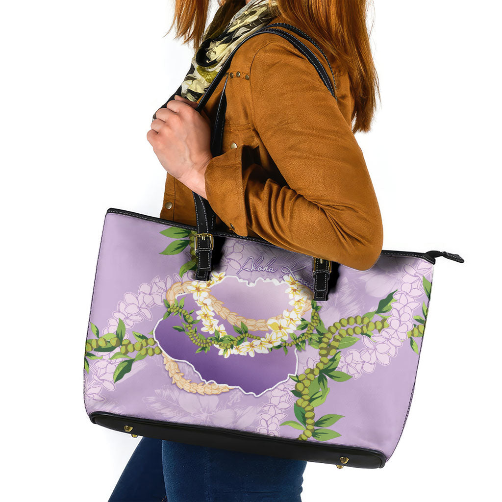 Hawaii Kauai Island Flowers Lei Leather Tote Bag Mokihana Lei