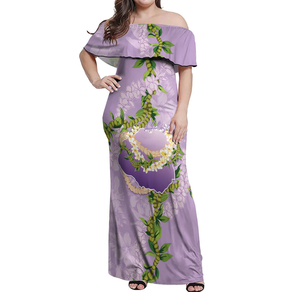 Hawaii Kauai Island Flowers Lei Off Shoulder Maxi Dress Mokihana Lei