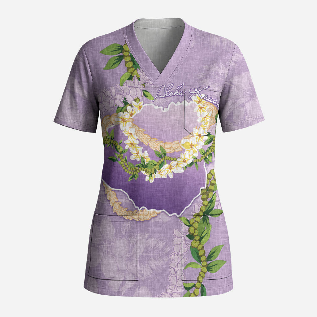 Hawaii Kauai Island Flowers Lei Scrub Top Mokihana Lei