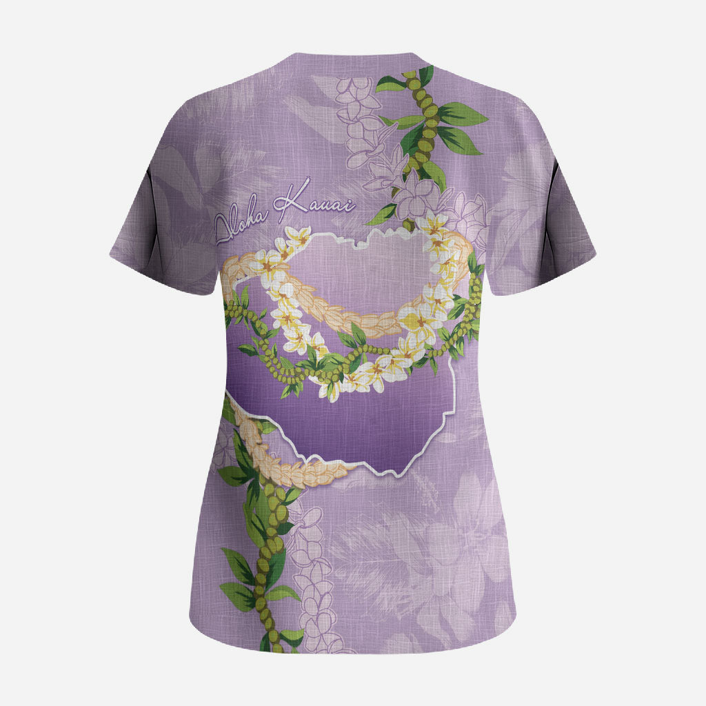 Hawaii Kauai Island Flowers Lei Scrub Top Mokihana Lei