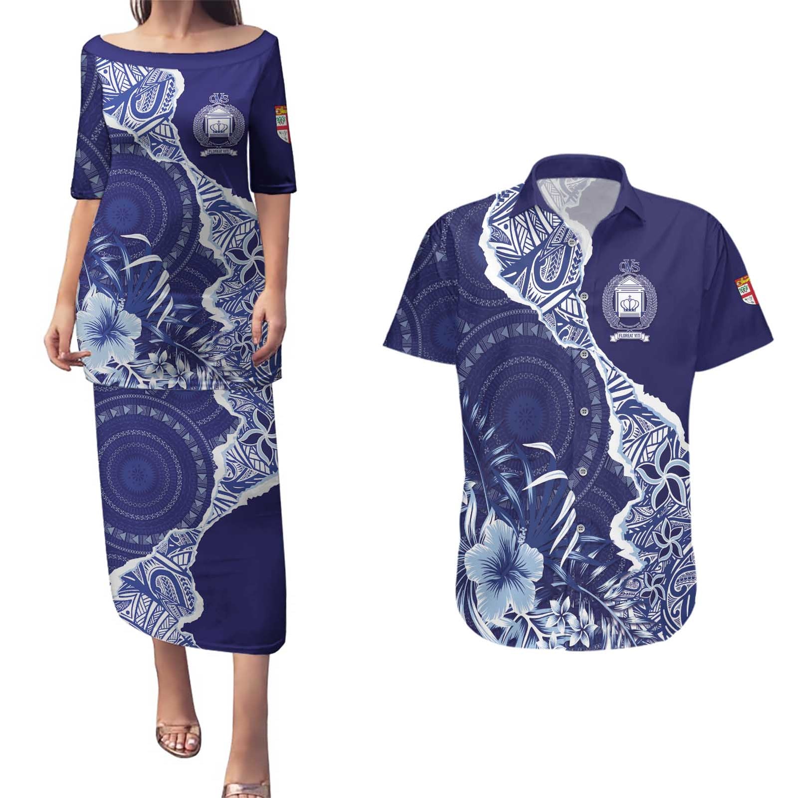 Fiji Queen Victoria School Personalised Couples Matching Puletasi and Hawaiian Shirt Masi Tapa Torn Style