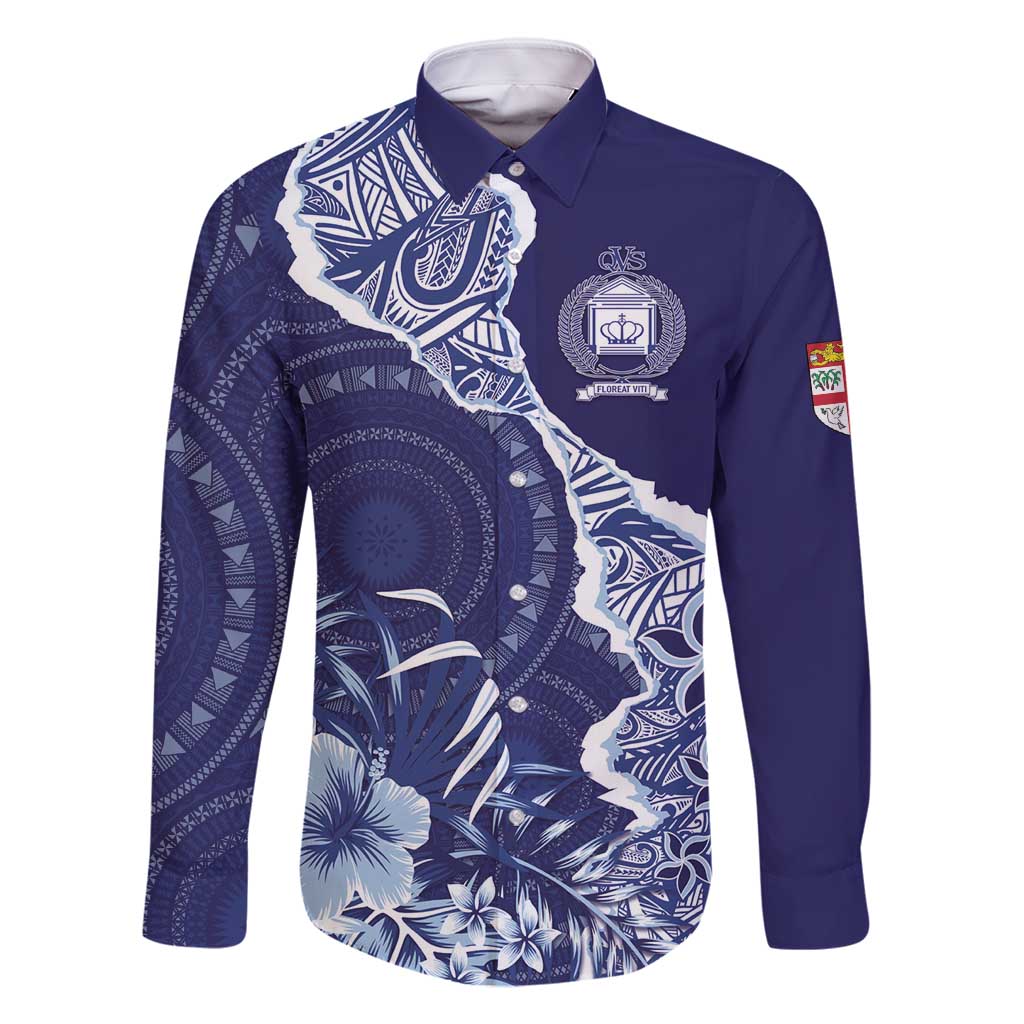 Fiji Queen Victoria School Personalised Family Matching Long Sleeve Bodycon Dress and Hawaiian Shirt Masi Tapa Torn Style LT7 Dad's Shirt - Long Sleeve Blue - Polynesian Pride