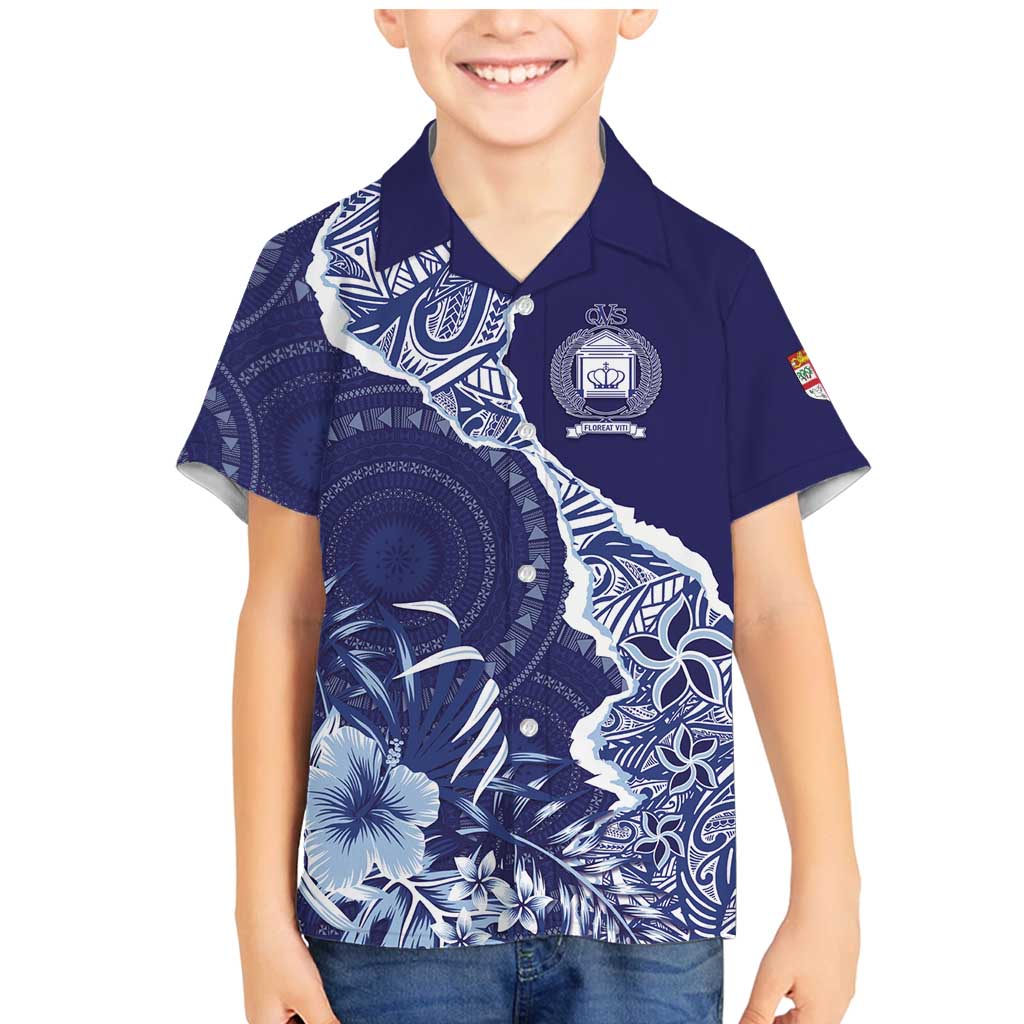 Fiji Queen Victoria School Personalised Family Matching Mermaid Dress and Hawaiian Shirt Masi Tapa Torn Style LT7 Son's Shirt Blue - Polynesian Pride