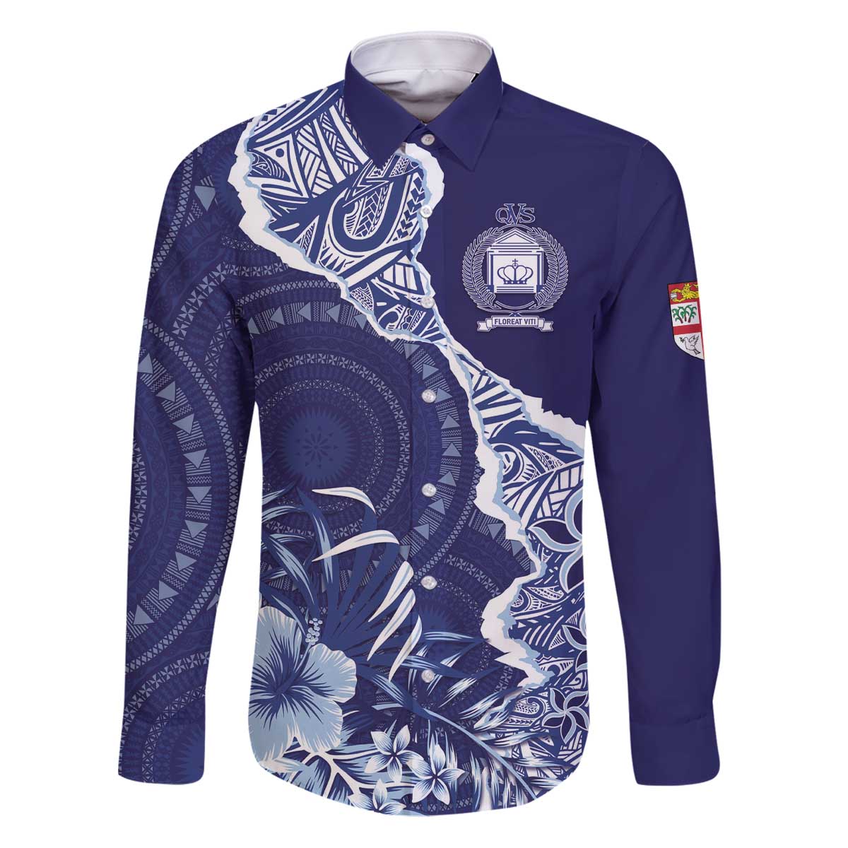 Fiji Queen Victoria School Personalised Family Matching Puletasi and Hawaiian Shirt Masi Tapa Torn Style LT7 Dad's Shirt - Long Sleeve Blue - Polynesian Pride