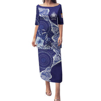 Fiji Queen Victoria School Personalised Family Matching Puletasi and Hawaiian Shirt Masi Tapa Torn Style LT7 Mom's Dress Blue - Polynesian Pride