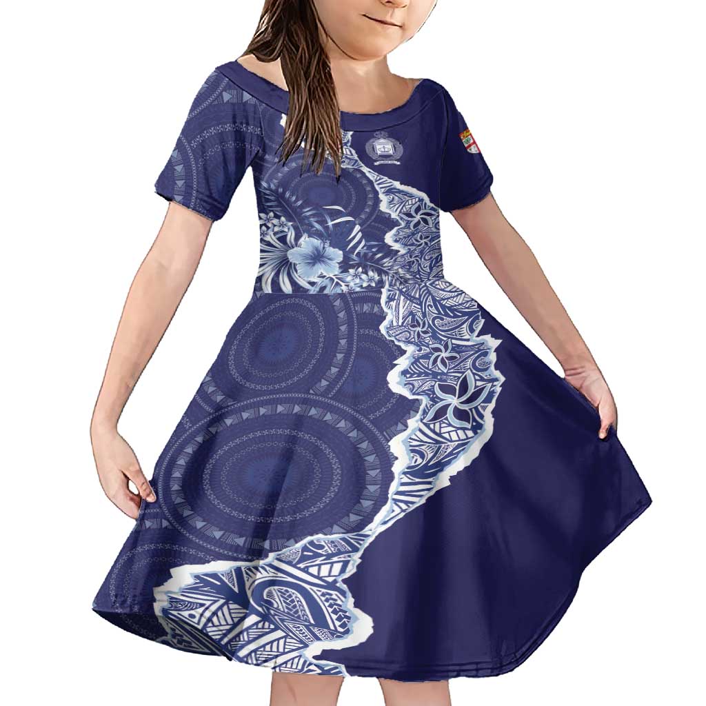 Fiji Queen Victoria School Personalised Family Matching Short Sleeve Bodycon Dress and Hawaiian Shirt Masi Tapa Torn Style LT7 Daughter's Dress Blue - Polynesian Pride