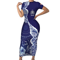 Fiji Queen Victoria School Personalised Family Matching Short Sleeve Bodycon Dress and Hawaiian Shirt Masi Tapa Torn Style LT7 Mom's Dress Blue - Polynesian Pride