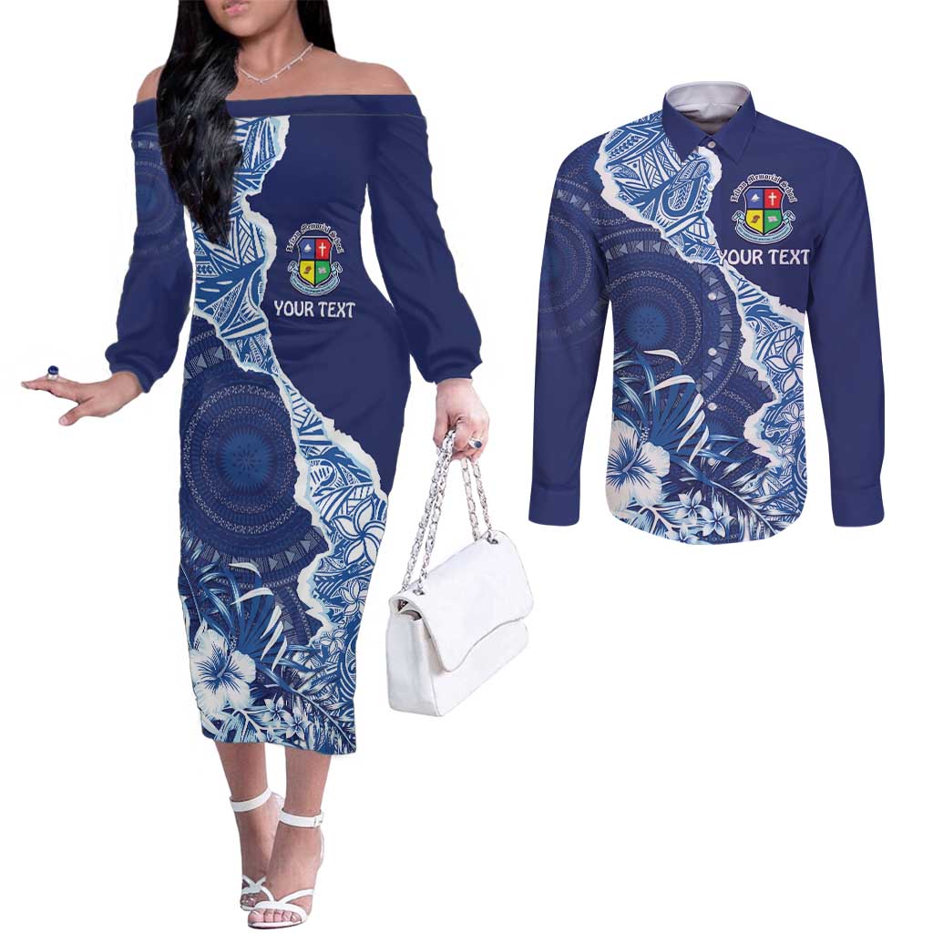 Fiji Lelean Memorial School Personalised Couples Matching Off The Shoulder Long Sleeve Dress and Long Sleeve Button Shirt Korodredre Davuilevu Masi Mix Style LT7 Blue - Polynesian Pride