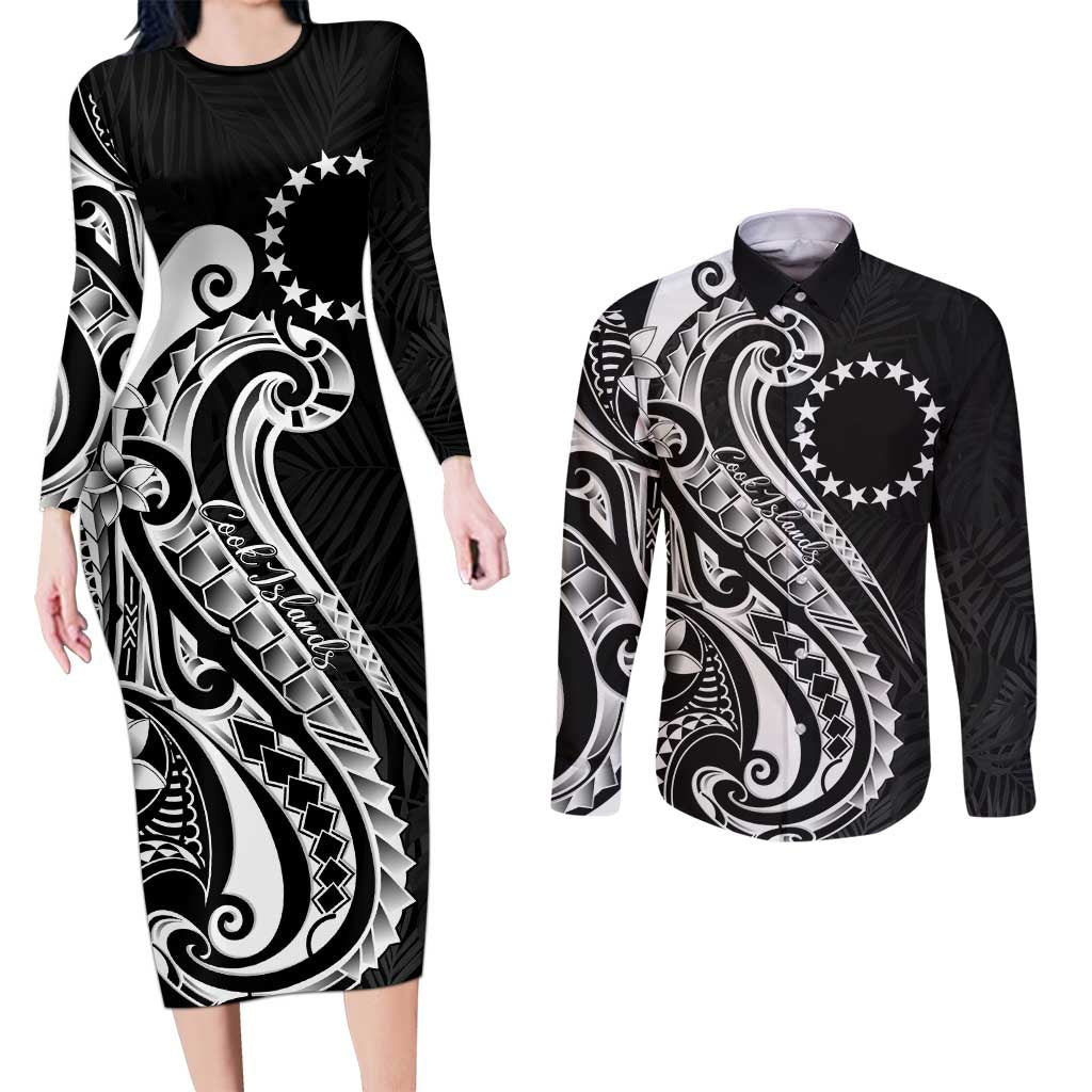 Kia Orana Cook Islands Couples Matching Long Sleeve Bodycon Dress and Long Sleeve Button Shirt Kerekere Plumeria Tropical Waves - Polynesian Pride