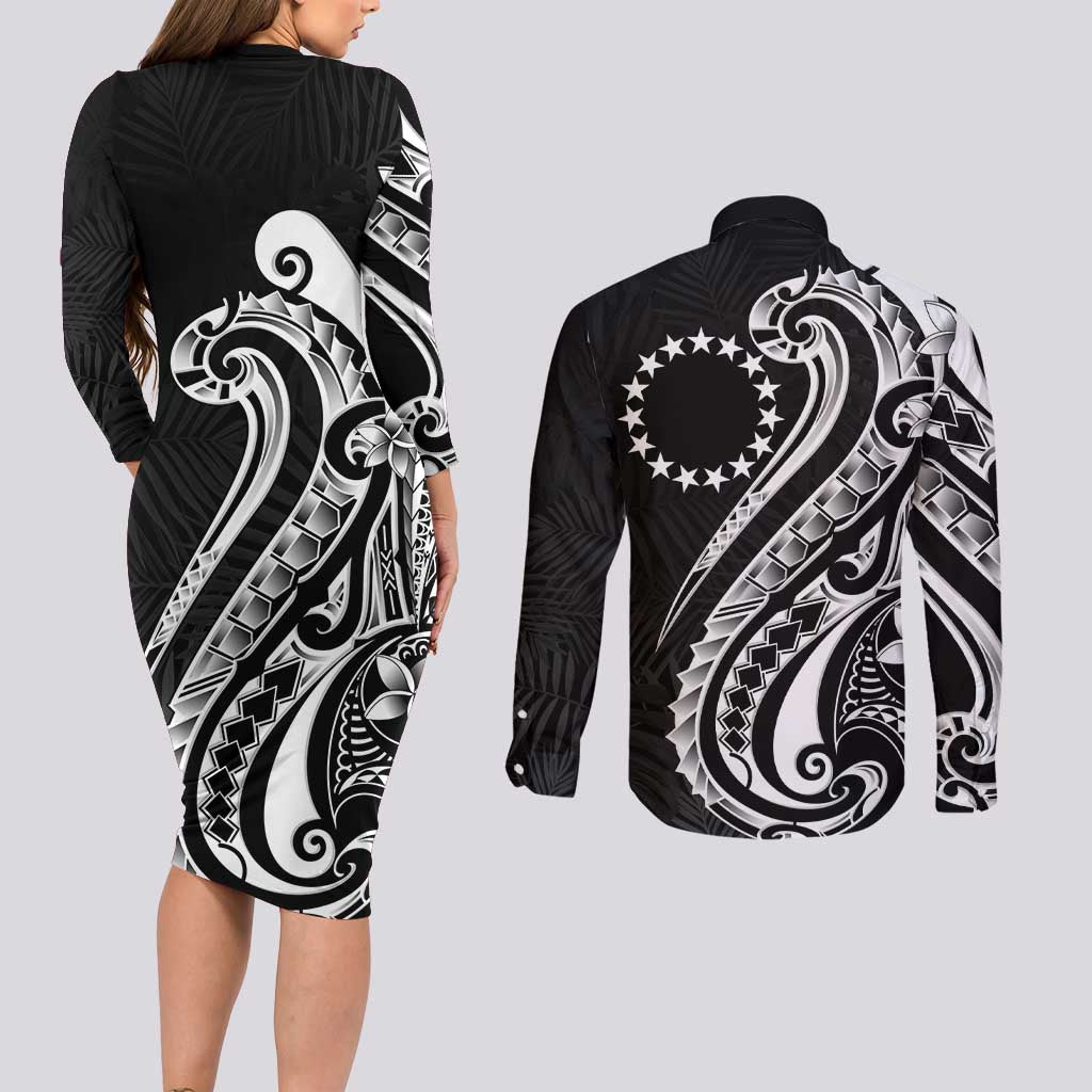 Kia Orana Cook Islands Couples Matching Long Sleeve Bodycon Dress and Long Sleeve Button Shirt Kerekere Plumeria Tropical Waves - Polynesian Pride