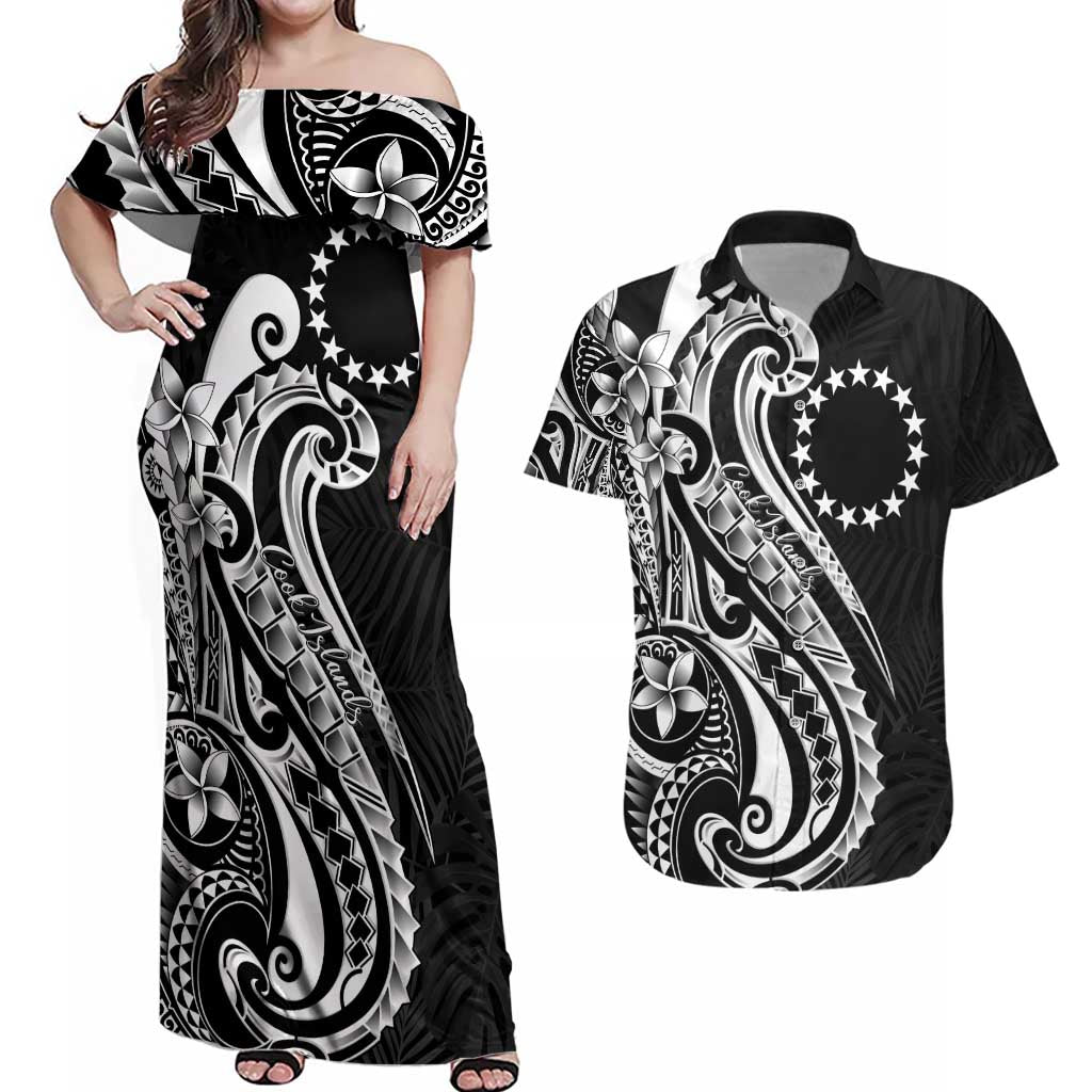 Kia Orana Cook Islands Couples Matching Off Shoulder Maxi Dress and Hawaiian Shirt Kerekere Plumeria Tropical Waves - Polynesian Pride