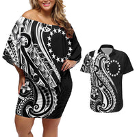 Kia Orana Cook Islands Couples Matching Off Shoulder Short Dress and Hawaiian Shirt Kerekere Plumeria Tropical Waves LT7 Black - Polynesian Pride