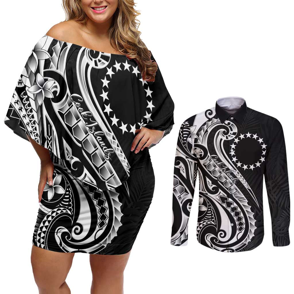 Kia Orana Cook Islands Couples Matching Off Shoulder Short Dress and Long Sleeve Button Shirt Kerekere Plumeria Tropical Waves - Polynesian Pride