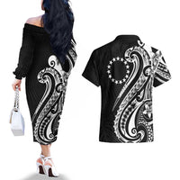 Kia Orana Cook Islands Couples Matching Off The Shoulder Long Sleeve Dress and Hawaiian Shirt Kerekere Plumeria Tropical Waves LT7 - Polynesian Pride