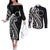Kia Orana Cook Islands Couples Matching Off The Shoulder Long Sleeve Dress and Long Sleeve Button Shirt Kerekere Plumeria Tropical Waves - Polynesian Pride