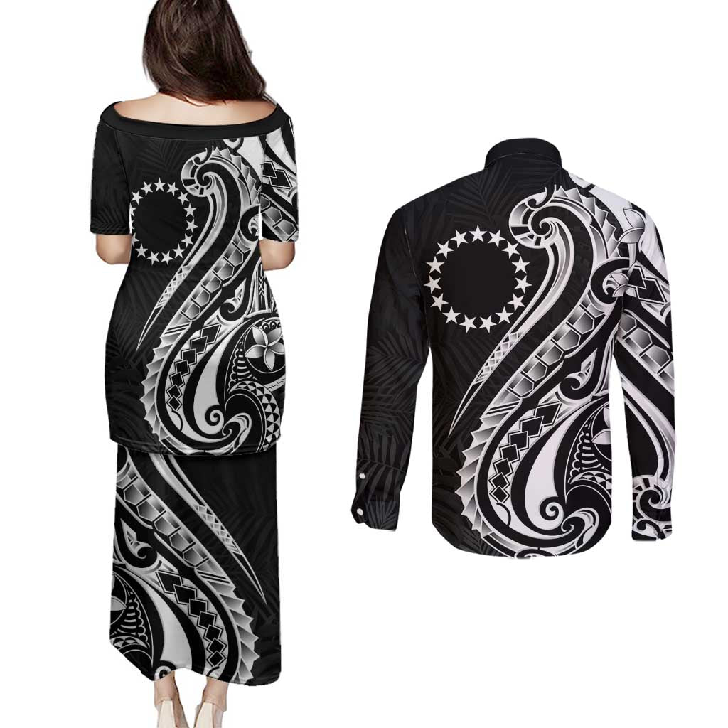 Kia Orana Cook Islands Couples Matching Puletasi and Long Sleeve Button Shirt Kerekere Plumeria Tropical Waves - Polynesian Pride