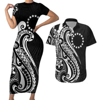 Kia Orana Cook Islands Couples Matching Short Sleeve Bodycon Dress and Hawaiian Shirt Kerekere Plumeria Tropical Waves LT7 Black - Polynesian Pride