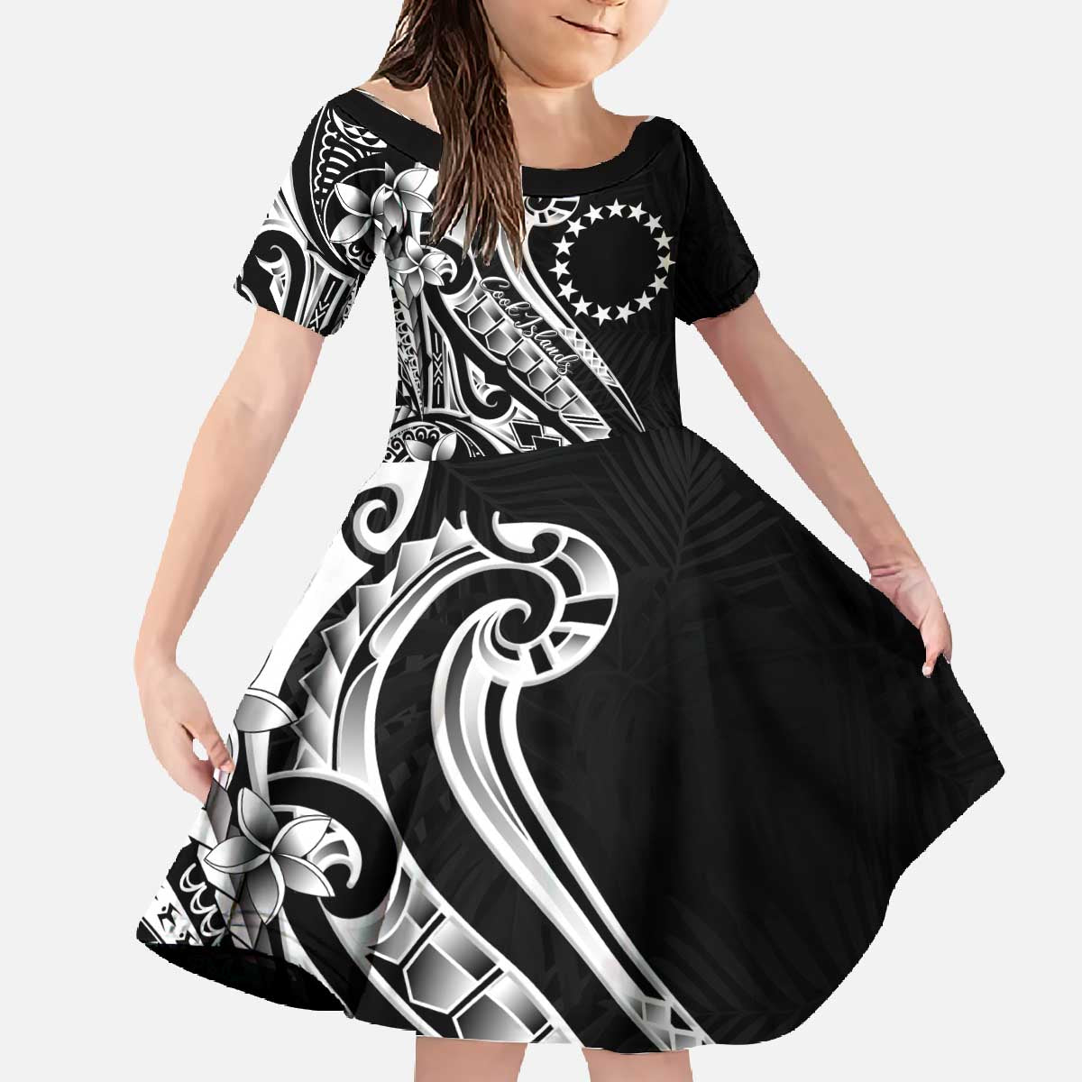 Kia Orana Cook Islands Family Matching Off The Shoulder Long Sleeve Dress and Hawaiian Shirt Kerekere Plumeria Tropical Waves LT7 Daughter's Dress Black - Polynesian Pride