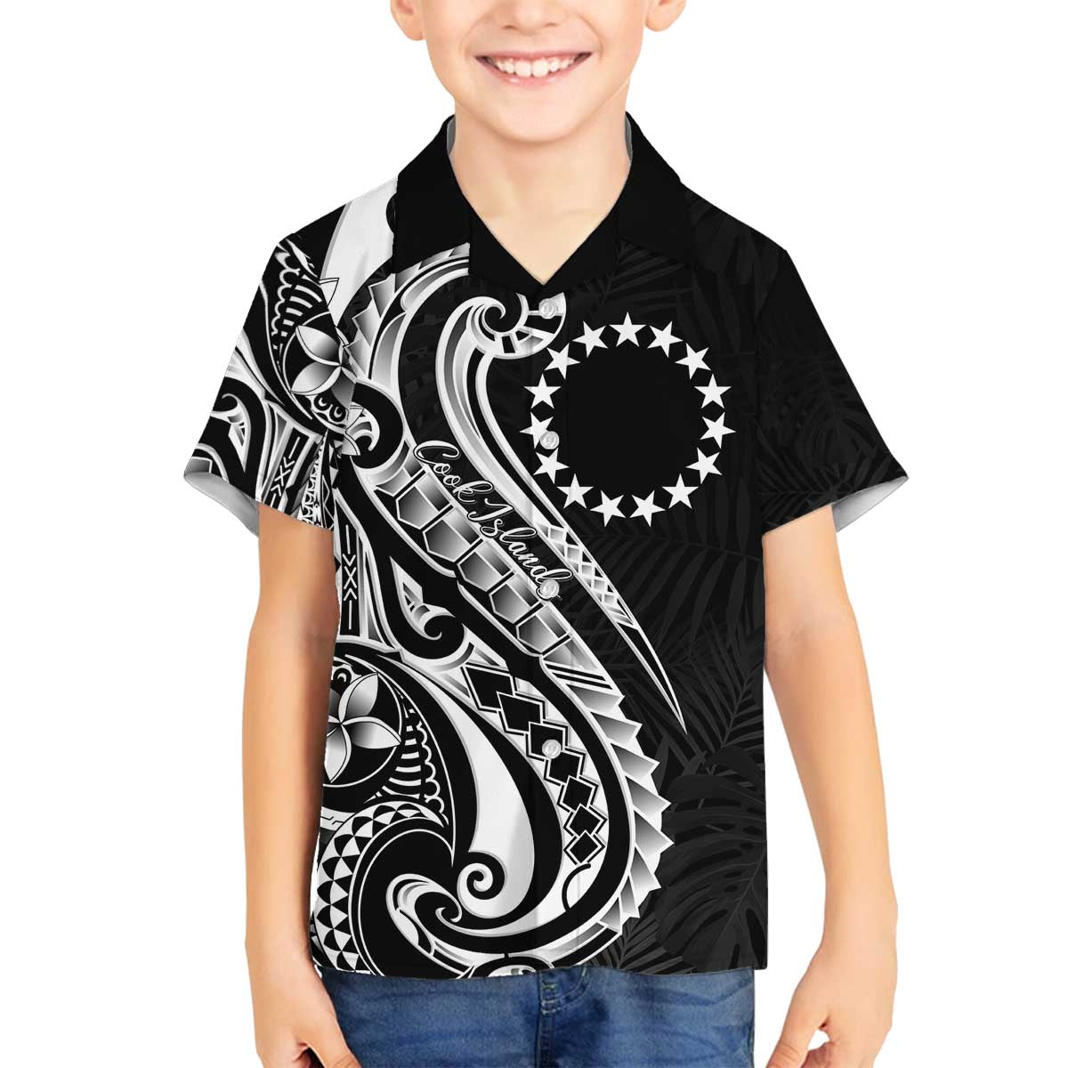 Kia Orana Cook Islands Family Matching Off The Shoulder Long Sleeve Dress and Hawaiian Shirt Kerekere Plumeria Tropical Waves LT7 Son's Shirt Black - Polynesian Pride