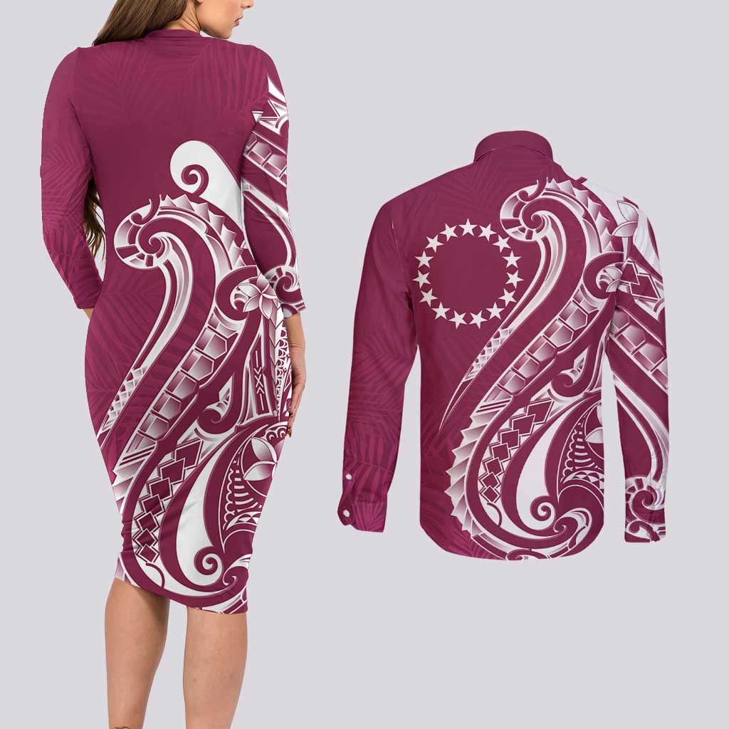 Kia Orana Cook Islands Couples Matching Long Sleeve Bodycon Dress and Long Sleeve Button Shirt Maroon Plumeria Tropical Waves - Polynesian Pride
