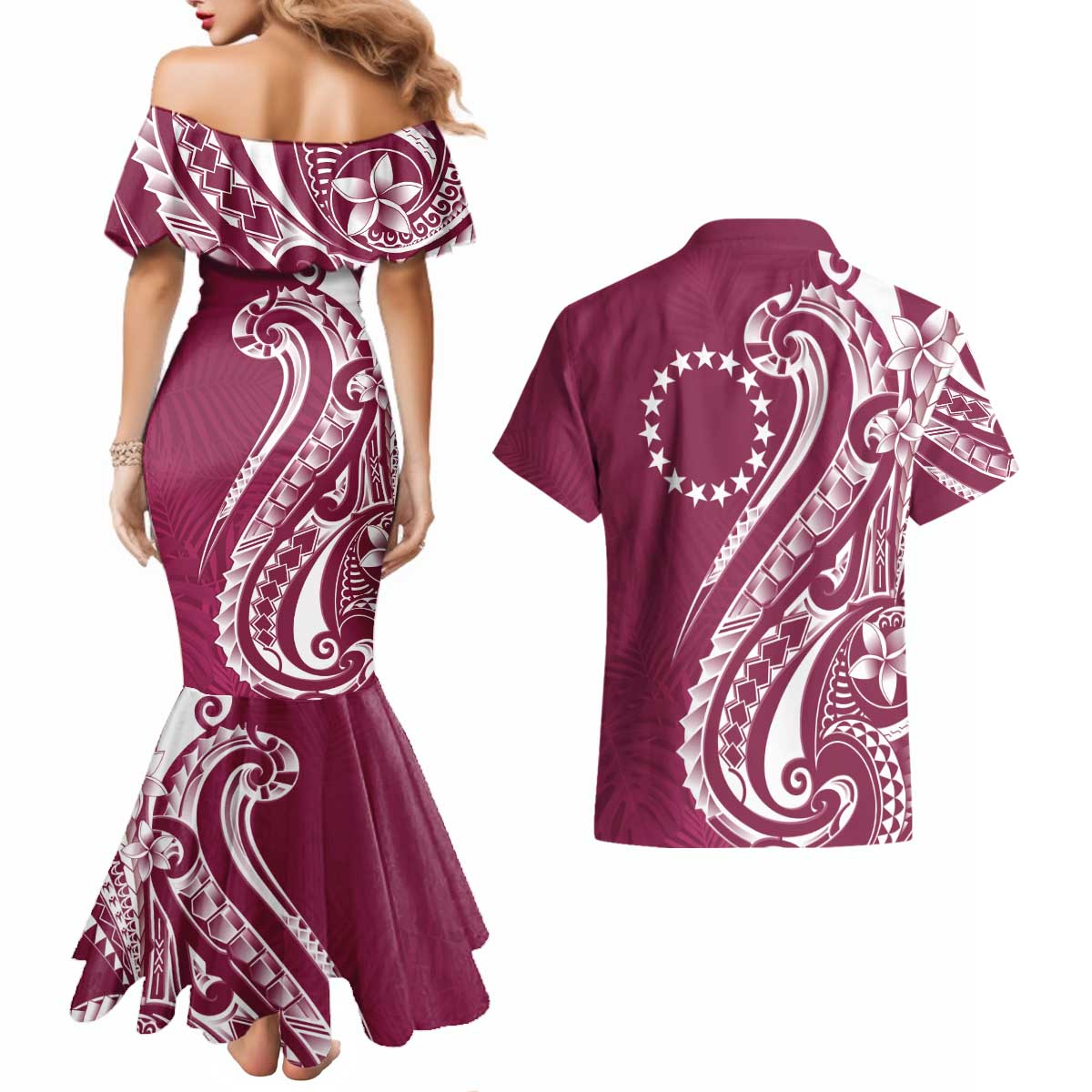 Kia Orana Cook Islands Couples Matching Mermaid Dress and Hawaiian Shirt Maroon Plumeria Tropical Waves - Polynesian Pride