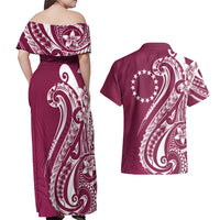 Kia Orana Cook Islands Couples Matching Off Shoulder Maxi Dress and Hawaiian Shirt Maroon Plumeria Tropical Waves - Polynesian Pride